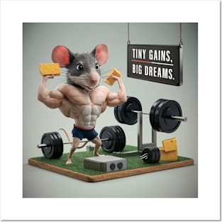 A muscular mouse wearing tiny weights, lifting a cheese dumbbell Posters and Art